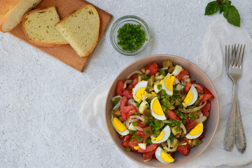 Salad from baked eggplants, onions, tomatoes, eggs, dressed with olive oil and apple vinegar on a light background. Copy space.