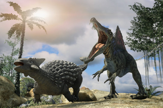 Fototapeta 3D Illustration of a battle between two prehistoric dinosaur