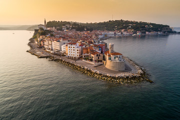 Piran on Slovenian adriatic coast in morning sun