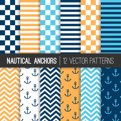 Nautical Patterns with Stripes, Checks, Chevron and Anchors in Navy, Blue and Pastel Orange. Set of Marine Theme Backgrounds. Vector Repeating Pattern Tile Swatches Included.