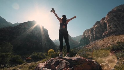 Triumphant Woman Raising Her Arms in Beautiful Outdoor Landscape