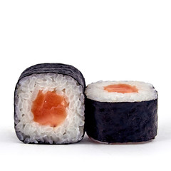 Delicious Syake Maki rolls on white background. Fresh made sushi © Ivan
