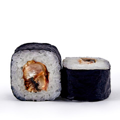 Delicious Unagi Maki rolls on white background. Fresh made sushi