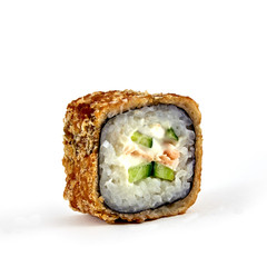 Delicios piladelphia hot roll on white backround. Fresh made sushi