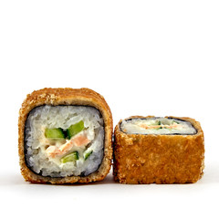 Delicios piladelphia hot rolls on white backround. Fresh made sushi. Trditional Japanese kitchen.