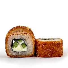 Delicios hot piladelphia tempura rolls on white backround. Fresh made sushi