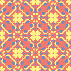 Floral red seamless pattern. Bright colored background with yellow and blue flower elements