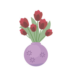 Fresh red festive tulips in a ceramic violet vase