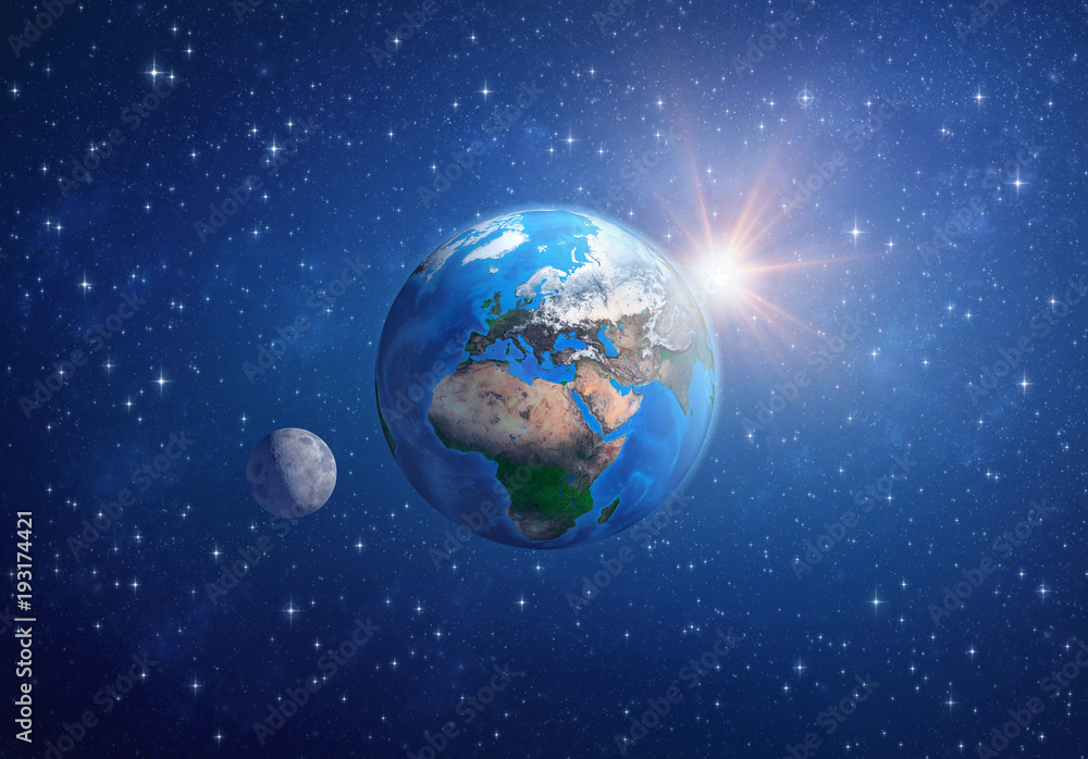 Wall mural planet earth, the moon and the sun in deep space.