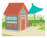 Modern Style Shed - Modern style garden shed with gardening tools and neat landscape. Eps10