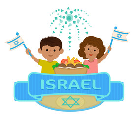 Israeli Celebration  - Israel independence day clip-art of boy and a girl holding flags, and a banner with the word Israel in the center. Eps10