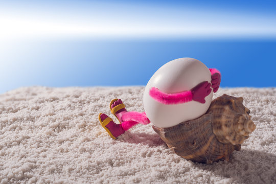 Happy egg lying in a shell on a sandy beach