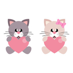 cartoon cute cat boy and girl sitting with heart set