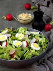 Vitamin salad from lettuce, radish, green onions and eggs, seasoned with vegetable oil and mustard in plate on gray concrete background. Healthy food