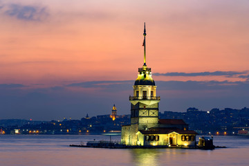 Maiden Tower (Tower of Leandros, Turkish: Kiz Kulesi) tranquil scenery at the entrance to Bosporus Strait in Istanbul, Turkey (KIZ KULESI – SALACAK-USKUDAR)