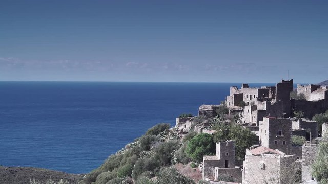 Greece Vatheia village. Architectural and historical old traditional abandoned tower houses in Vathia on Mani Peninsula. Laconia Peloponnese, Europe 4K