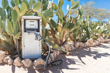Ancient fuel pump in Namibia desert with cactus