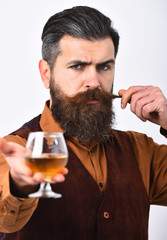 Barman or degustator with serious face holds glass of cognac.