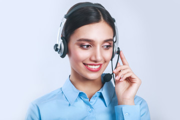 Woman customer service worker, call center smiling operator with phone headset