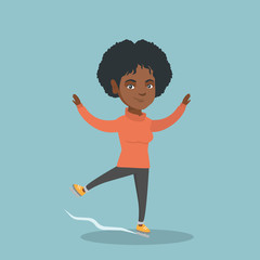 African-american female figure skater performing on the ice skating rink. Young figure skater dancing. Professional figure skater posing on skates. Vector cartoon illustration. Square layout.