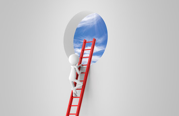 business man standing before a ladder on window