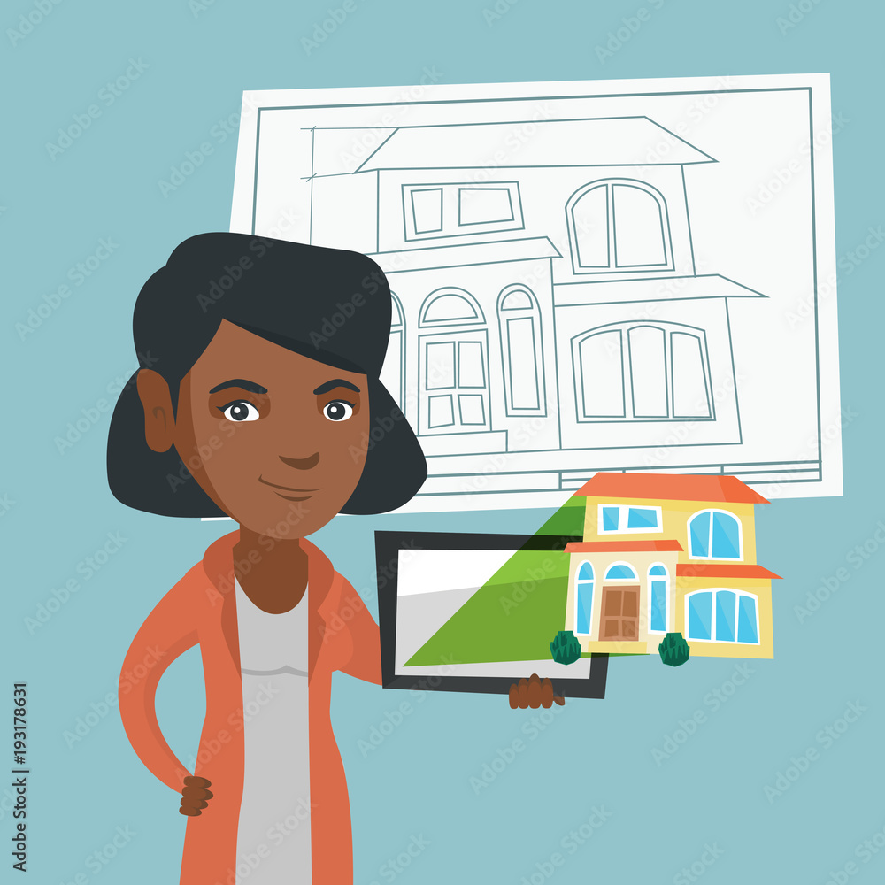 Poster Young african-american business woman showing a digital tablet with a house photo. Real estate agent holding a digital tablet with a house photo. Vector cartoon illustration. Square layout.