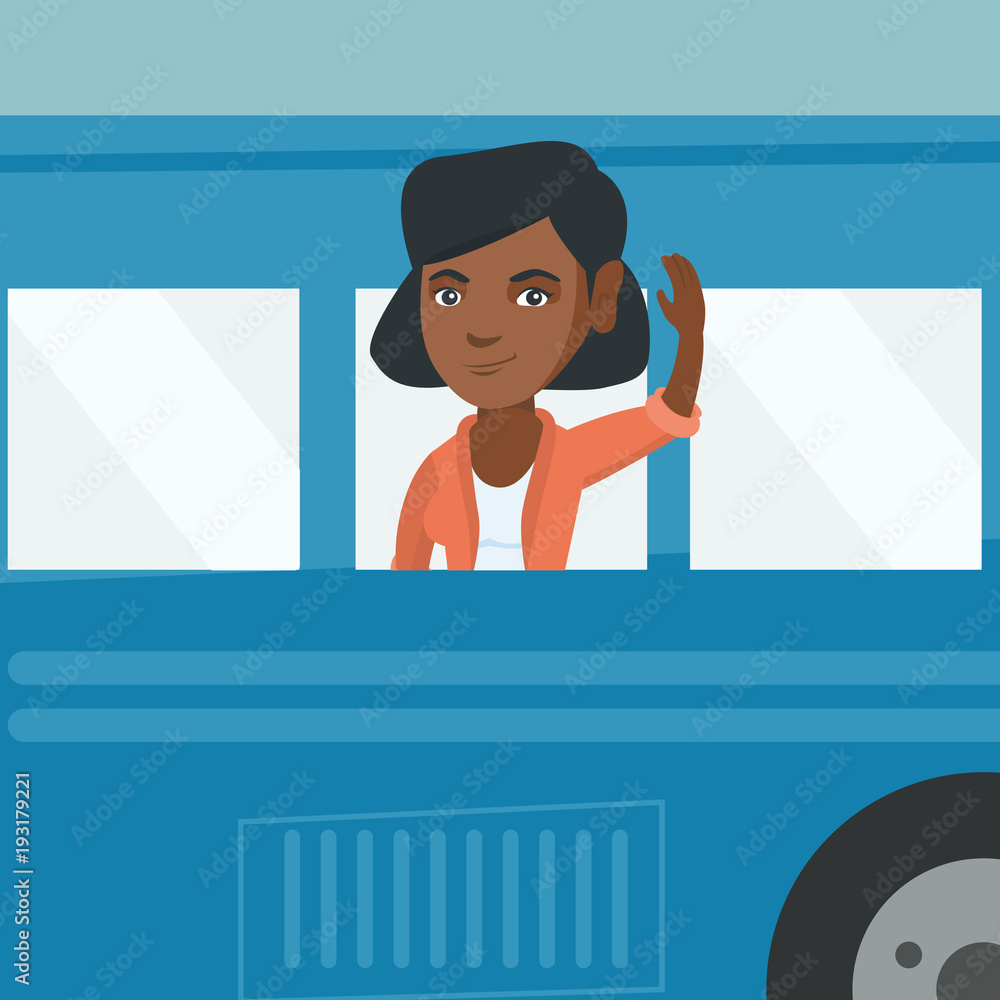 Poster young african-american woman enjoying her trip by bus. passenger waving hand from the bus window. ch