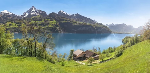 Crédence de cuisine en verre imprimé Printemps Alpine lake with mountains and spring meadows - Spring panorama with the Walensee lake surrounded by the Swiss Alps with green meadows and a mountain village on its shore, in Quarten, Switzerland.