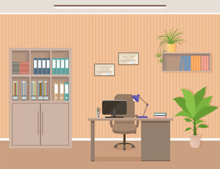 Fototapeta premium Office workspace organization. Business interior design with furniture including desk, armchair and laptop Workplace without employee.