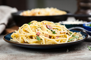 Spaghetti carbonara with egg and pancetta