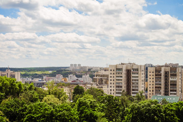 Belgorod cityscape skyline, Russia. Aerial view in daylight. Residential multi-storey apartment blocks of the city.