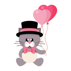 cartoon cute cat sitting with tie and hat and lovely balloons