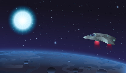 Vector illustration of spaceship flying over alien planet to blue sun star in opened space.