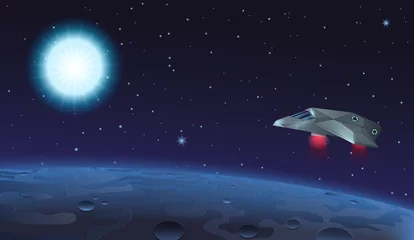 Fotobehang Vector illustration of spaceship flying over alien planet to blue sun star in opened space. © lembergvector