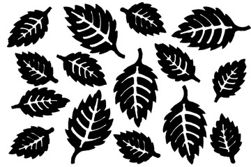 Black silhouettes of pointed leaves isolated on white background