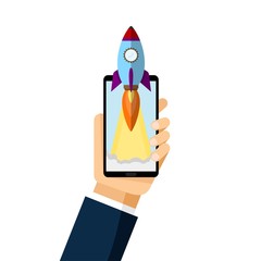 Smartphone with launch rocket. Flat rocket icon. Startup concept. Project development