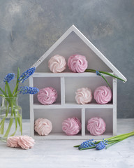 Russian Marshmallow Zephyr and spring blue Muscari in the white house