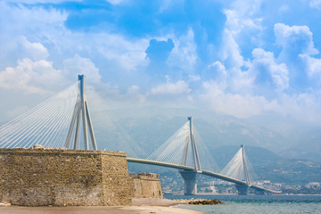 Suspension bridge crossing Corinth Gulf strait, Greece. Is the world's second longest cable-stayed bridge
