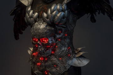 Armor, silver skull with red leds lights in eye sockets, handmade design cosplay or fantasy style