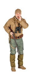 Full length portrait of a male hunter with double barreled shotgun Isolated on white background. hunting and people concept.