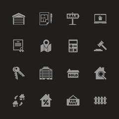 Real Estate icons - Gray symbol on black background. Simple illustration. Flat Vector Icon.