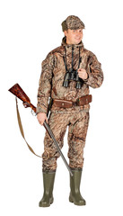 Full length portrait of a male hunter with double barreled shotgun Isolated on white background. hunting and people concept