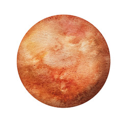 Mars Planet Paint. Astronomical body, the fourth planet from the Sun. Symbol of energy, creativity, passion, readiness to go forward, competition. Hand drawn water colour on white backdrop, cut out. © Julija
