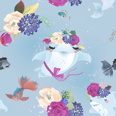 Beutiful seamless pattern with a dolphins in floral, flowers wreaths, bouquets, tied bow and fish. Underwater fantasy animals