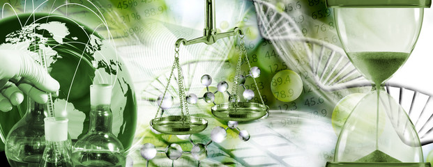 image of chemical flasks, stylized ball, hourglass on biotechnological background