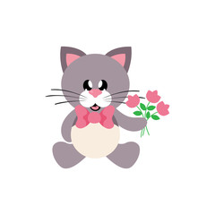 cartoon cute cat sitting with tie and flowers