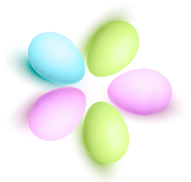 Five realistic pastel easter eggs with shadows isolated on white background. Premium vector illustration.