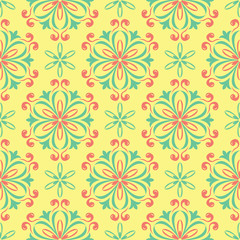 Seamless pattern with floral design. Bright yellow background with pink and green flower elements