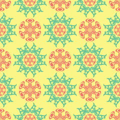 Floral seamless pattern. Bright colored background with pink and green flower elements