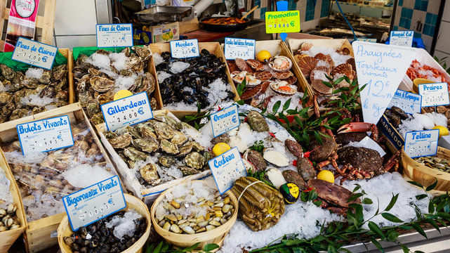 Fish shop in a market, Paris, France